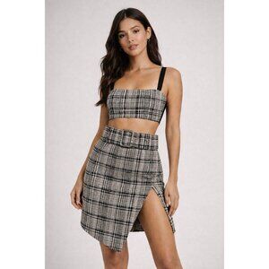 NWT $3K Three Piece Off White Plaid Top Matching Belt & Skirt Set Black Sz 4